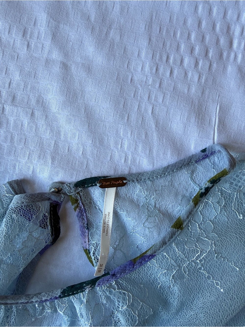 Free People Sheer Lace-Yoke Smocked Floral Blouse in Light Blue - Picture 10 of 11